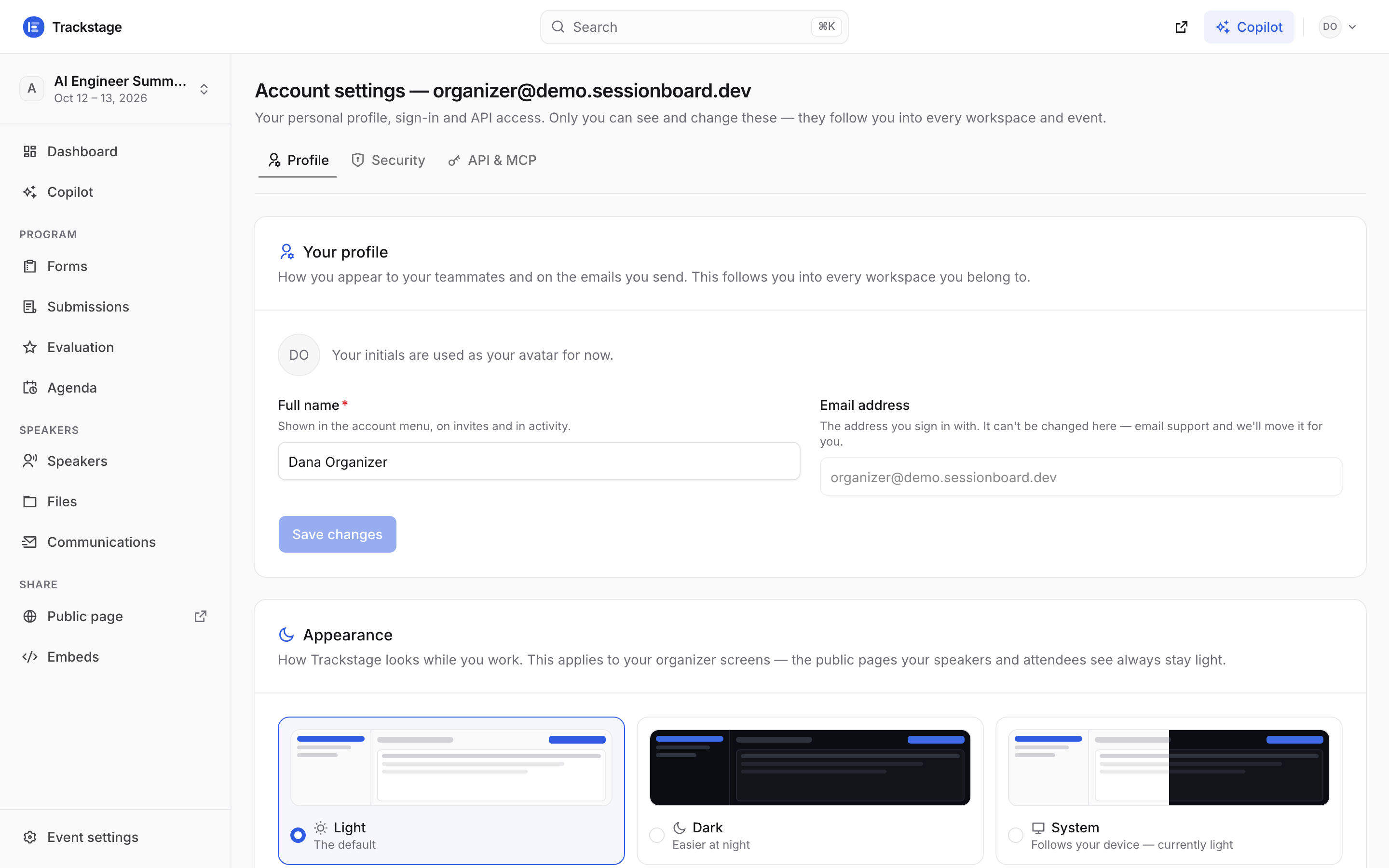 The Account settings page with its Profile, Security and API & MCP tabs, showing the profile form and an Appearance card