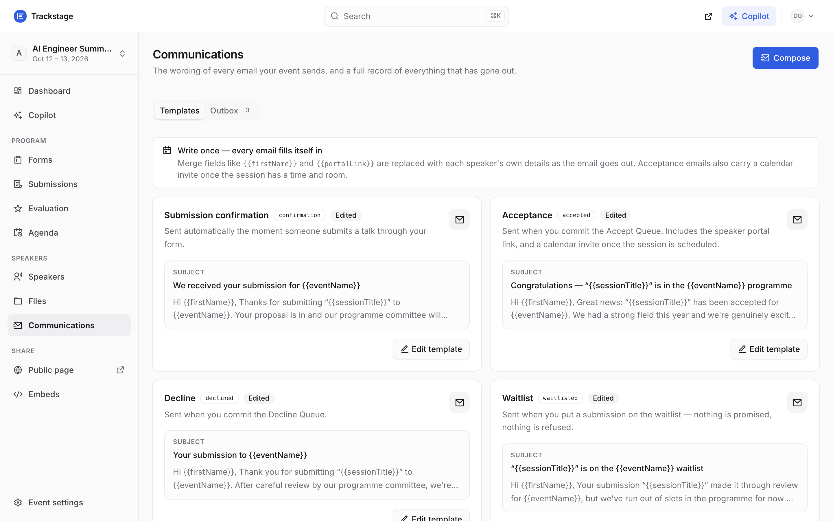 The Communications page showing the confirmation, acceptance, decline and waitlist email templates