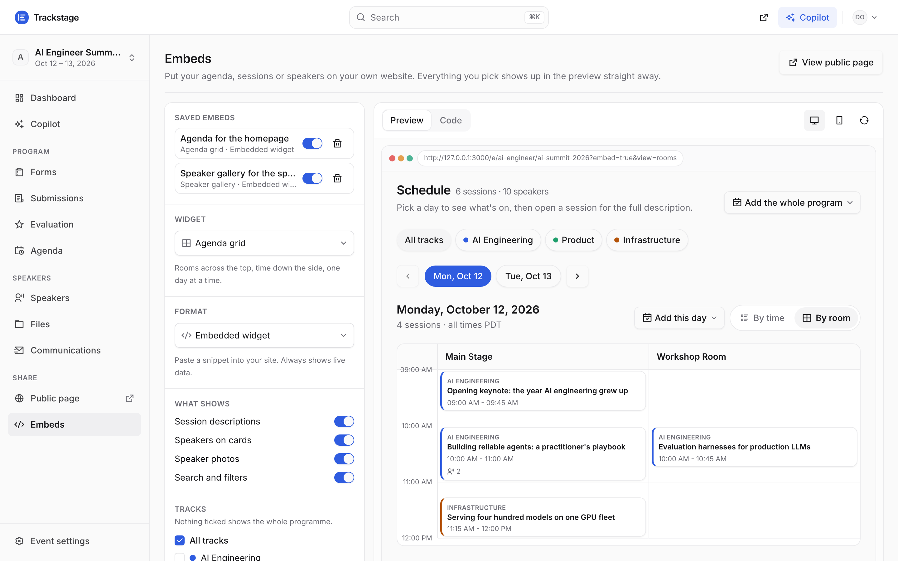 The Embeds page: saved embeds, widget, format and display options on the left, and a live preview of the agenda grid on the right