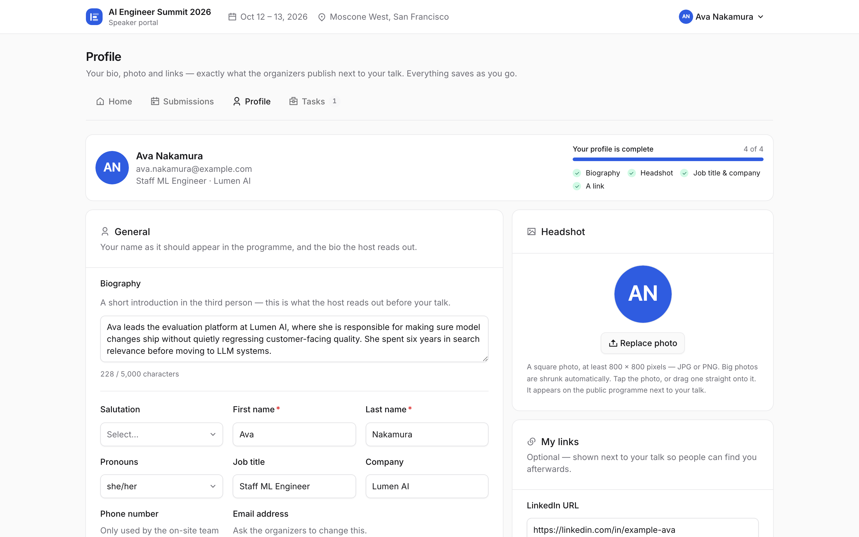 The speaker portal Profile tab with bio, headshot and links