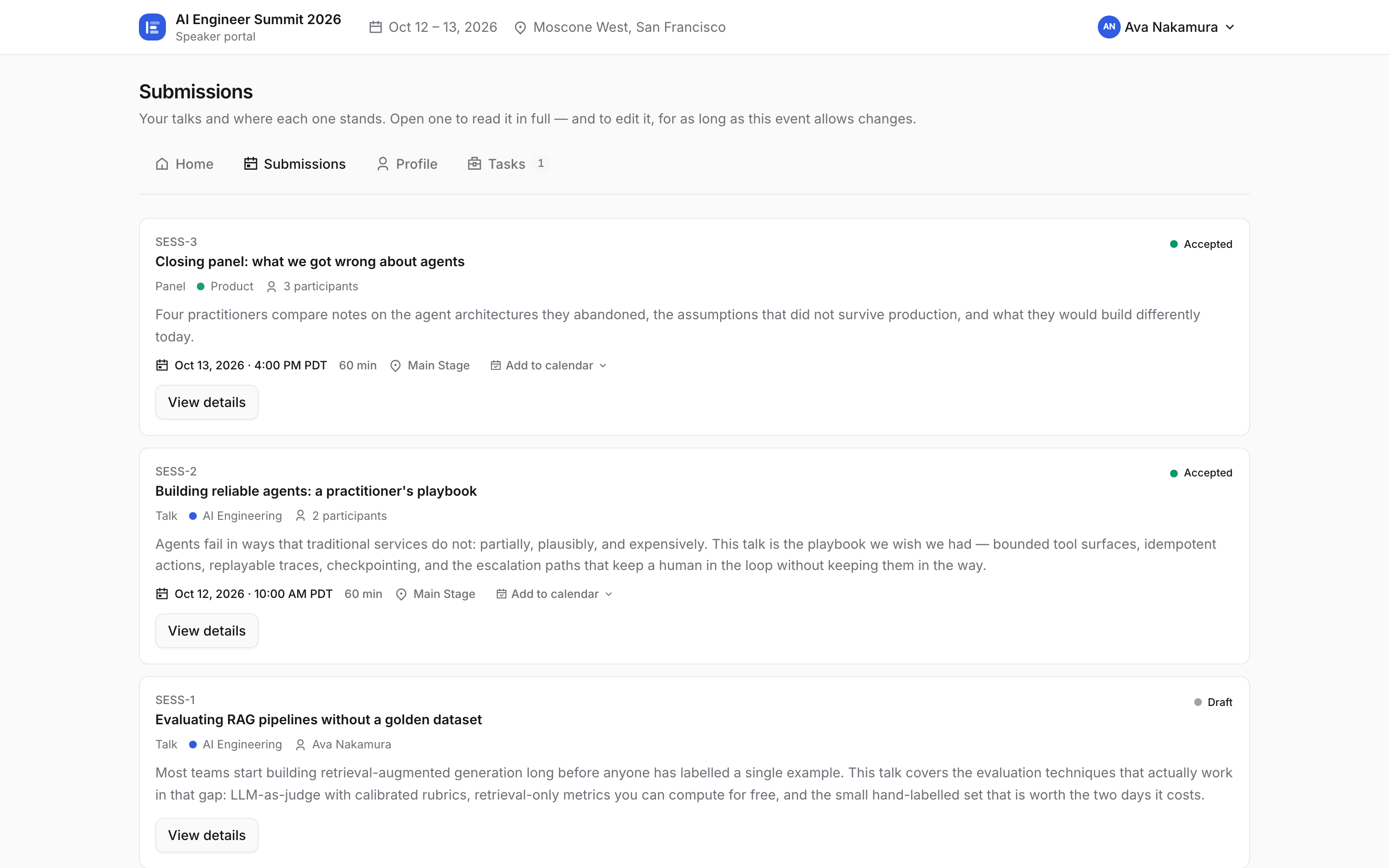 The speaker portal Submissions tab for a speaker with several proposals