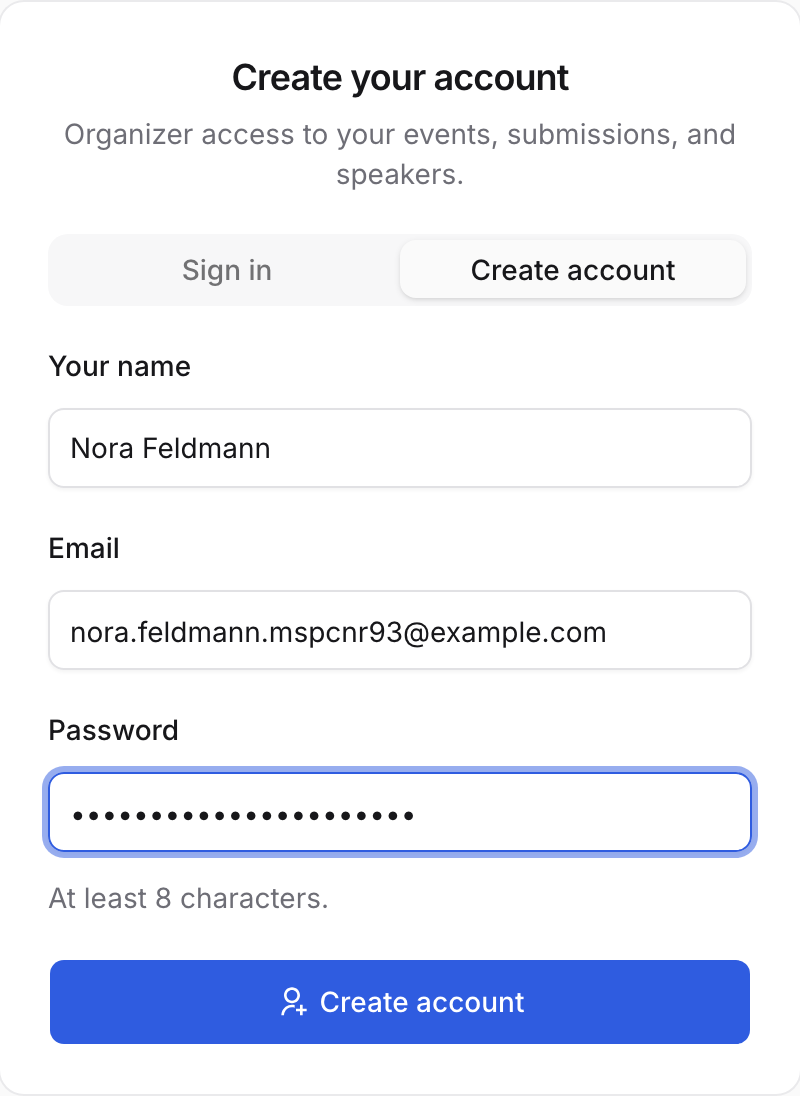 The Trackstage sign-up card filled in with a name, email and password