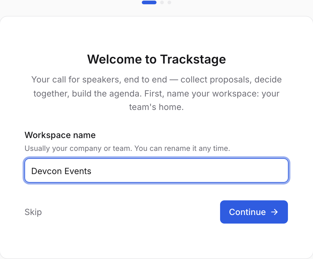 The first onboarding screen: Welcome to Trackstage, with a Workspace name field filled in as Devcon Events