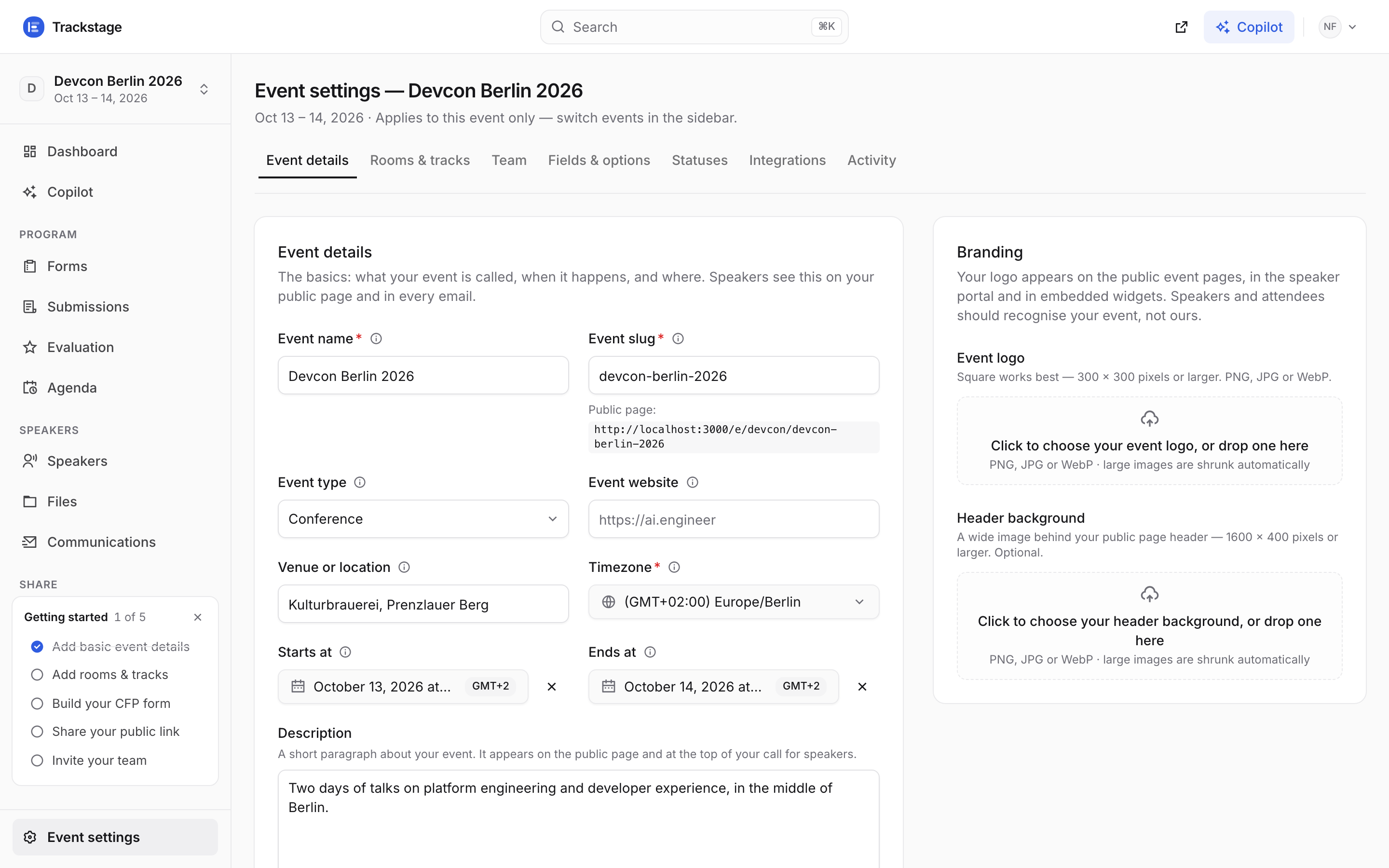 Event settings for Devcon Berlin 2026: the Event details form with dates, timezone and venue, and the Branding card beside it