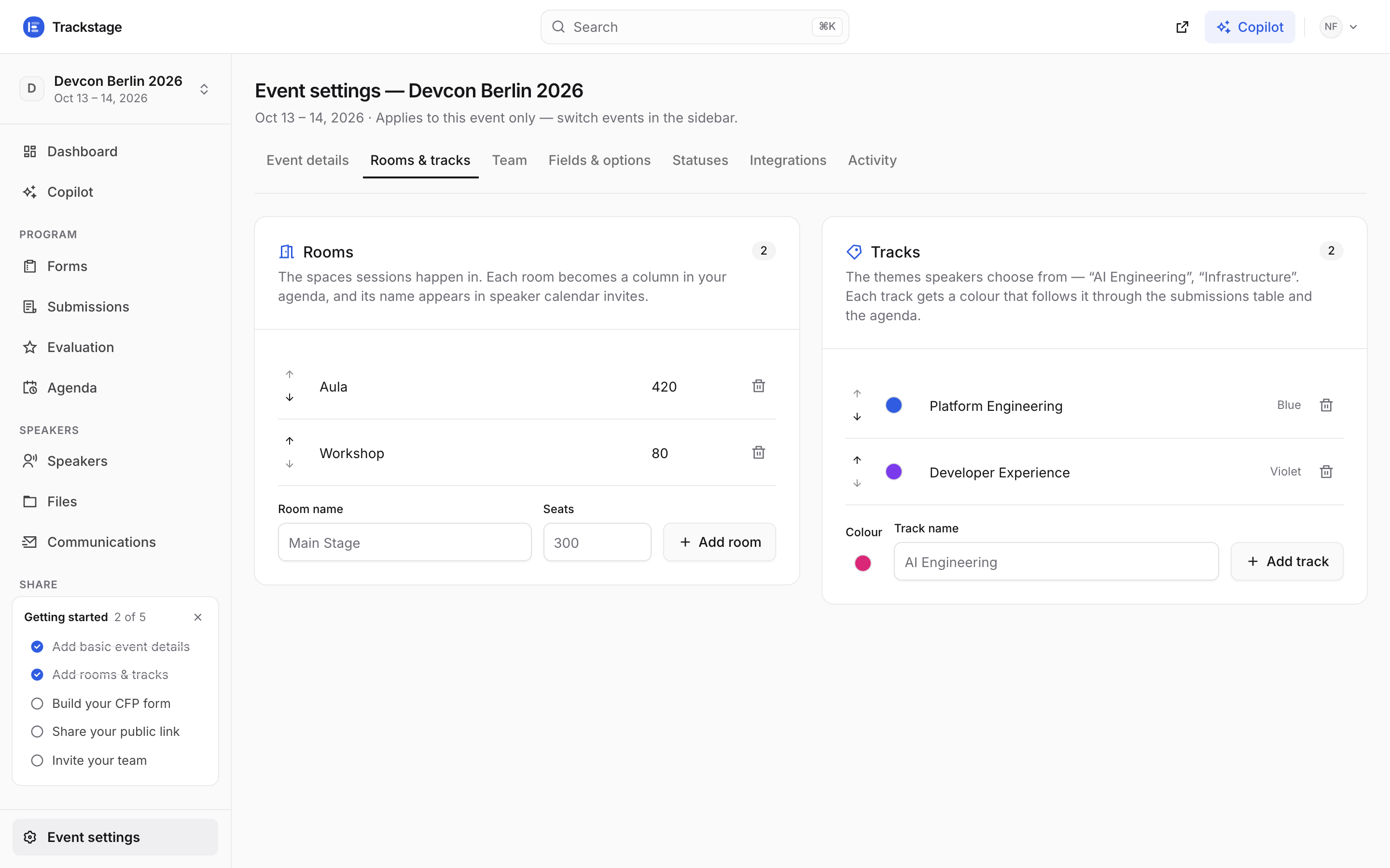 Rooms and tracks for Devcon Berlin 2026: the Aula and Workshop rooms, and two coloured tracks