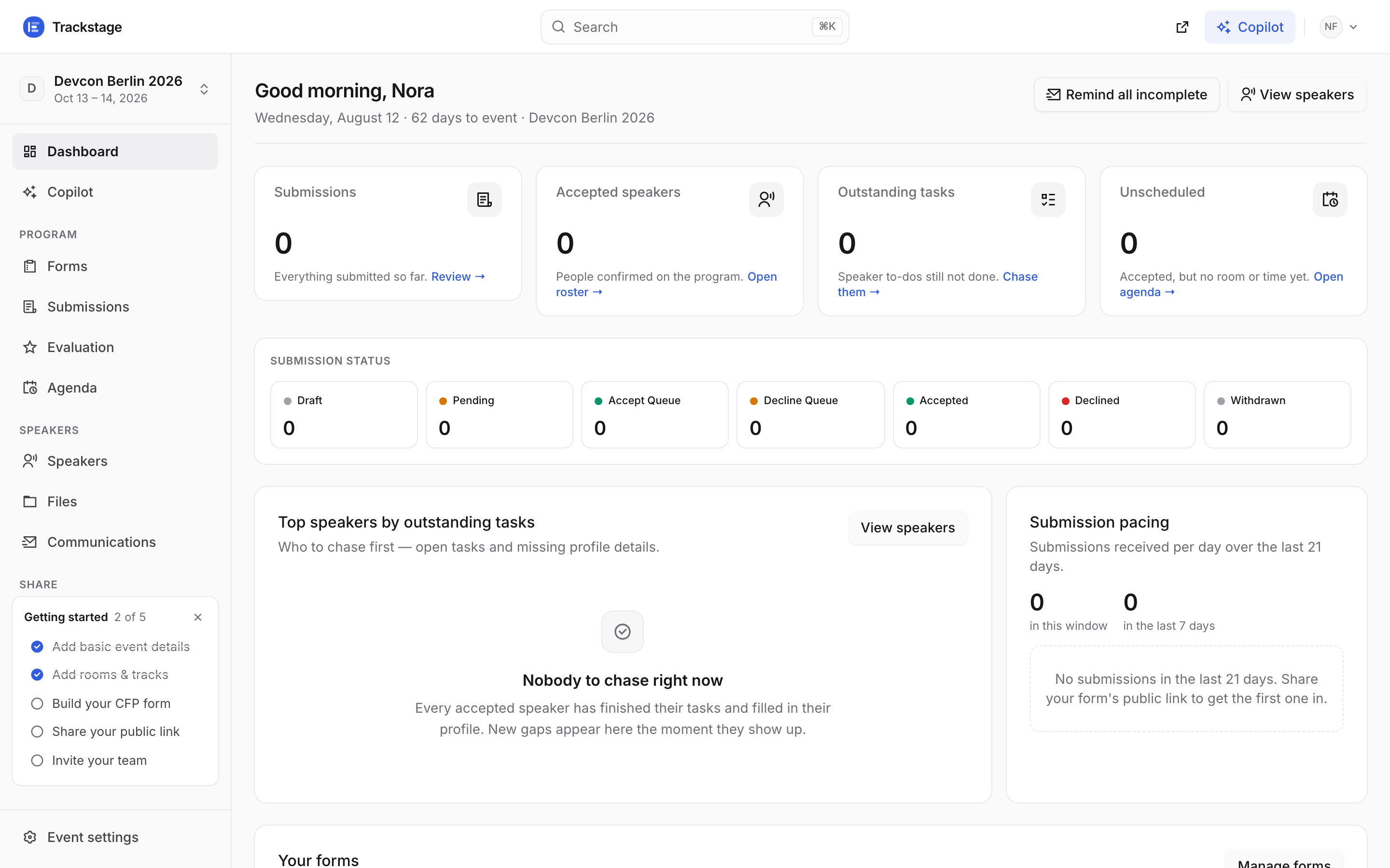 The Devcon Berlin 2026 dashboard on day one, with zero counts and a getting-started checklist in the sidebar