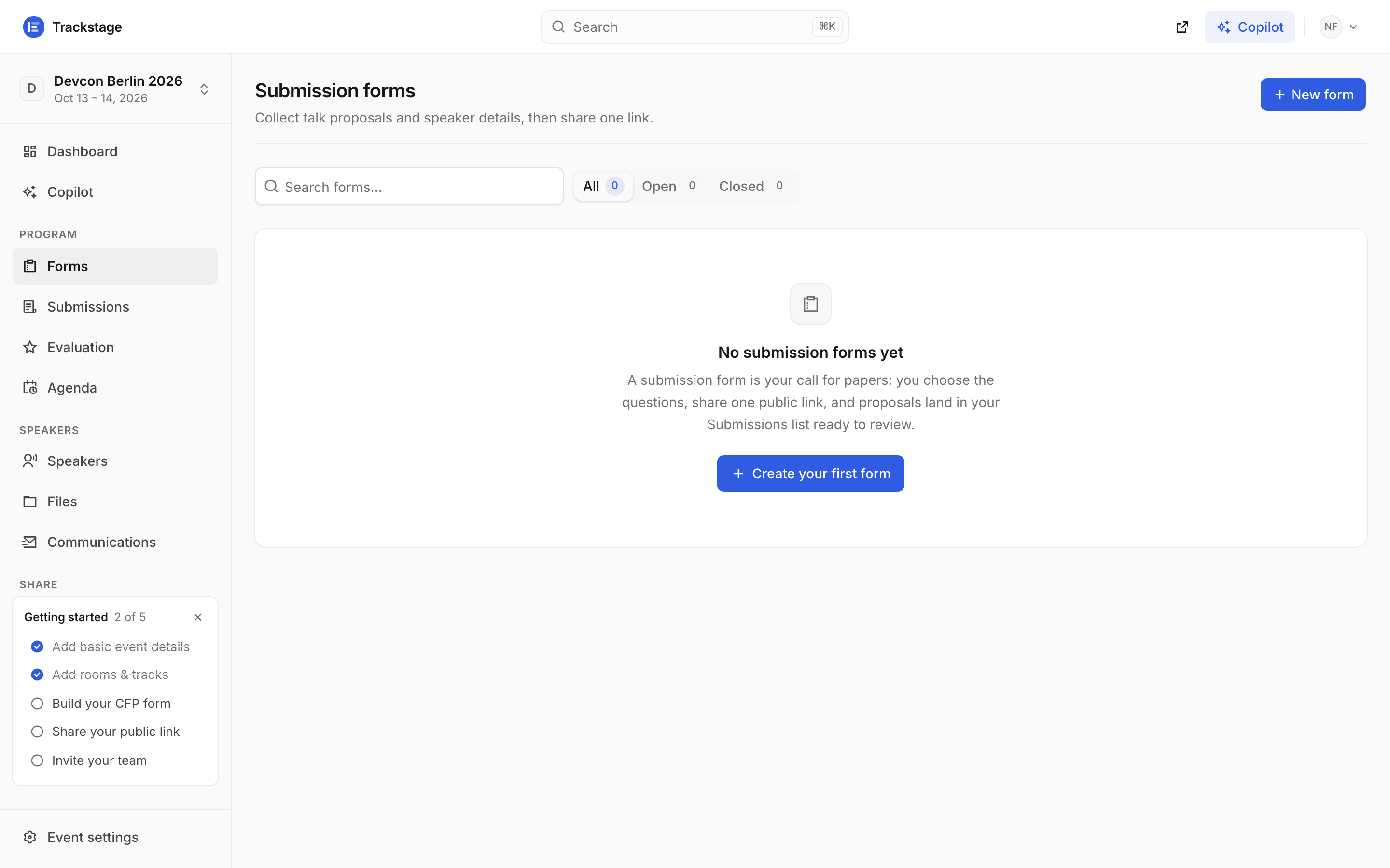 The Forms page for Devcon Berlin 2026 with no forms yet