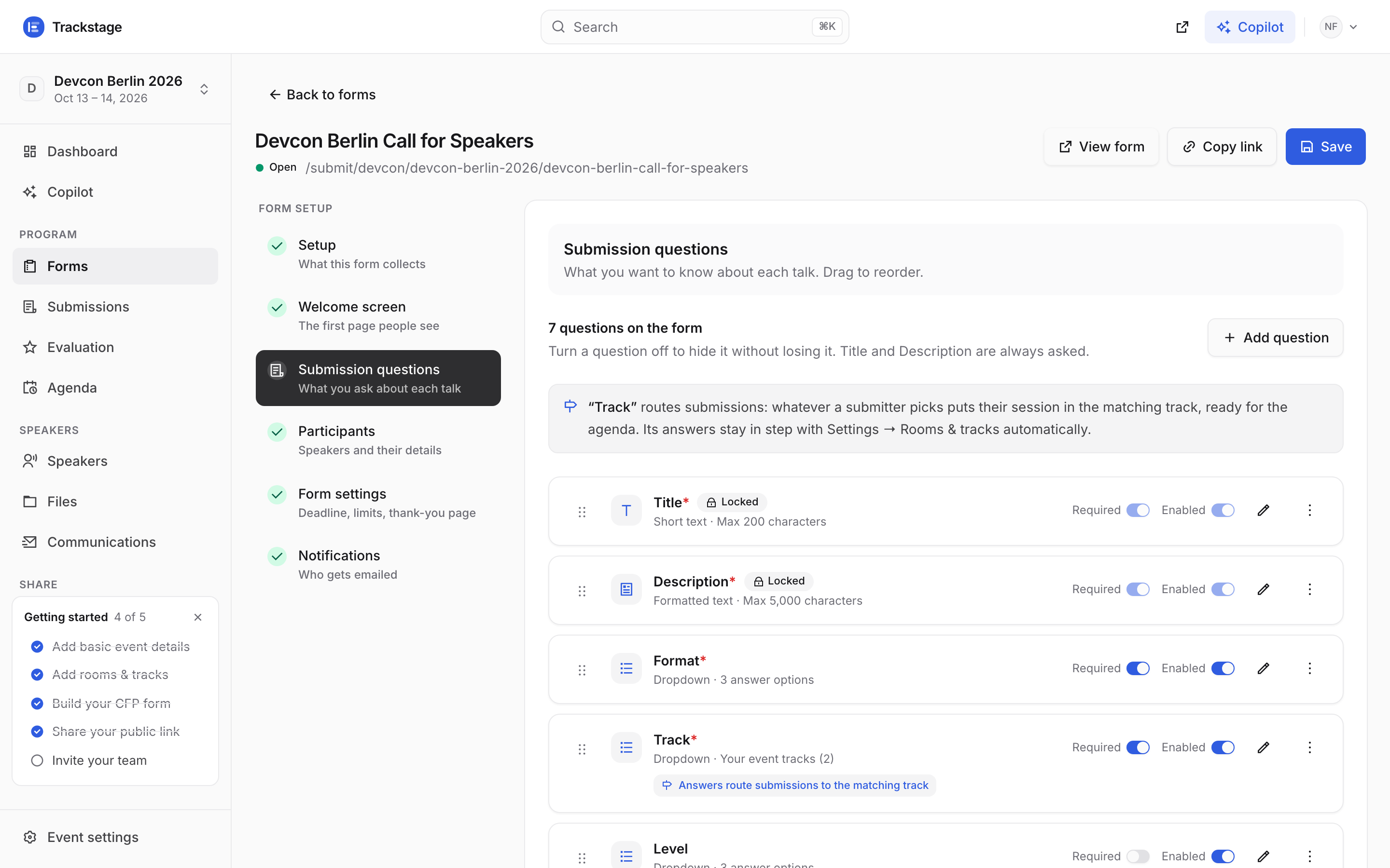 The Submission questions step of the Devcon Berlin form builder