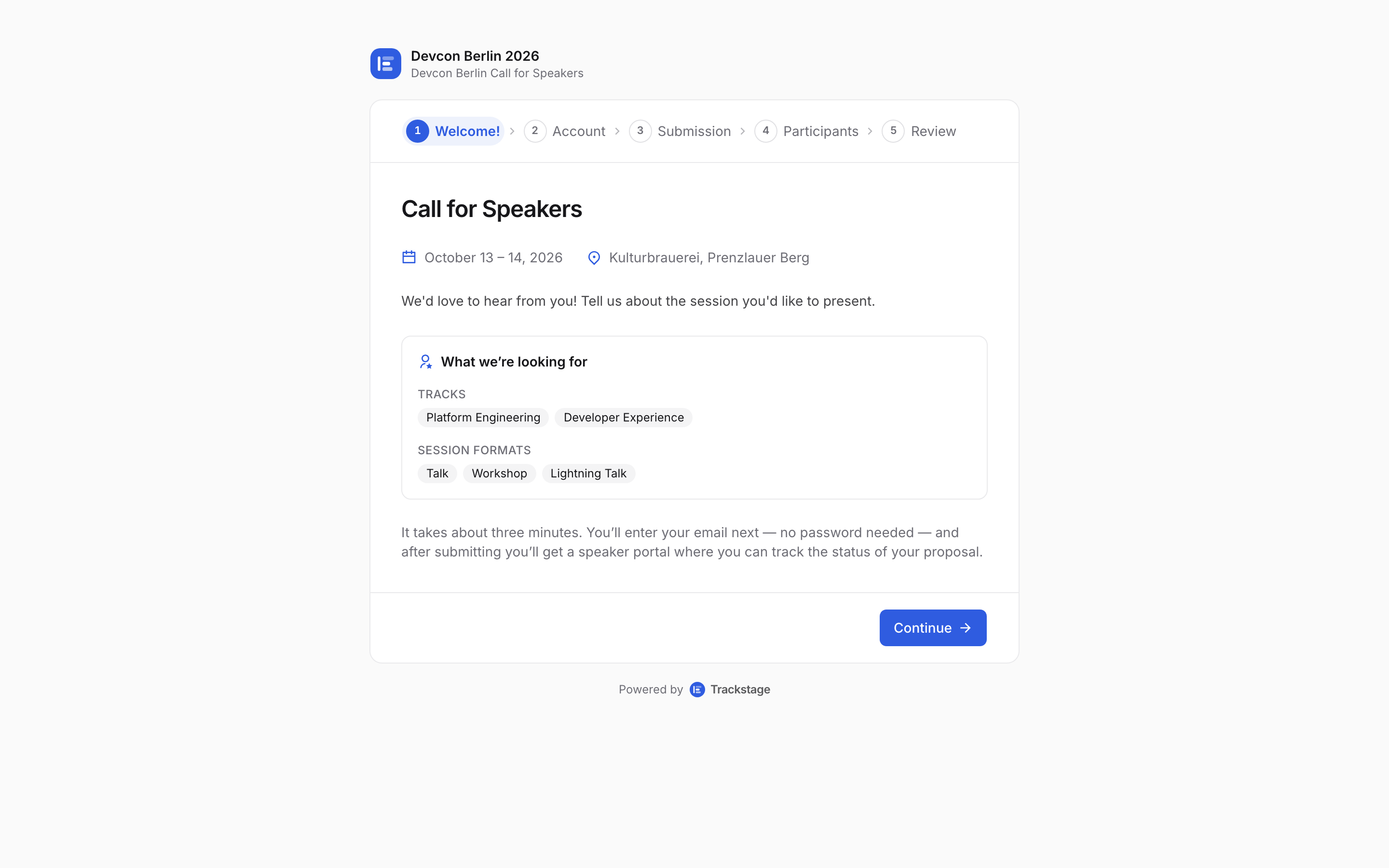 The public Devcon Berlin call-for-speakers welcome screen with dates, venue and tracks