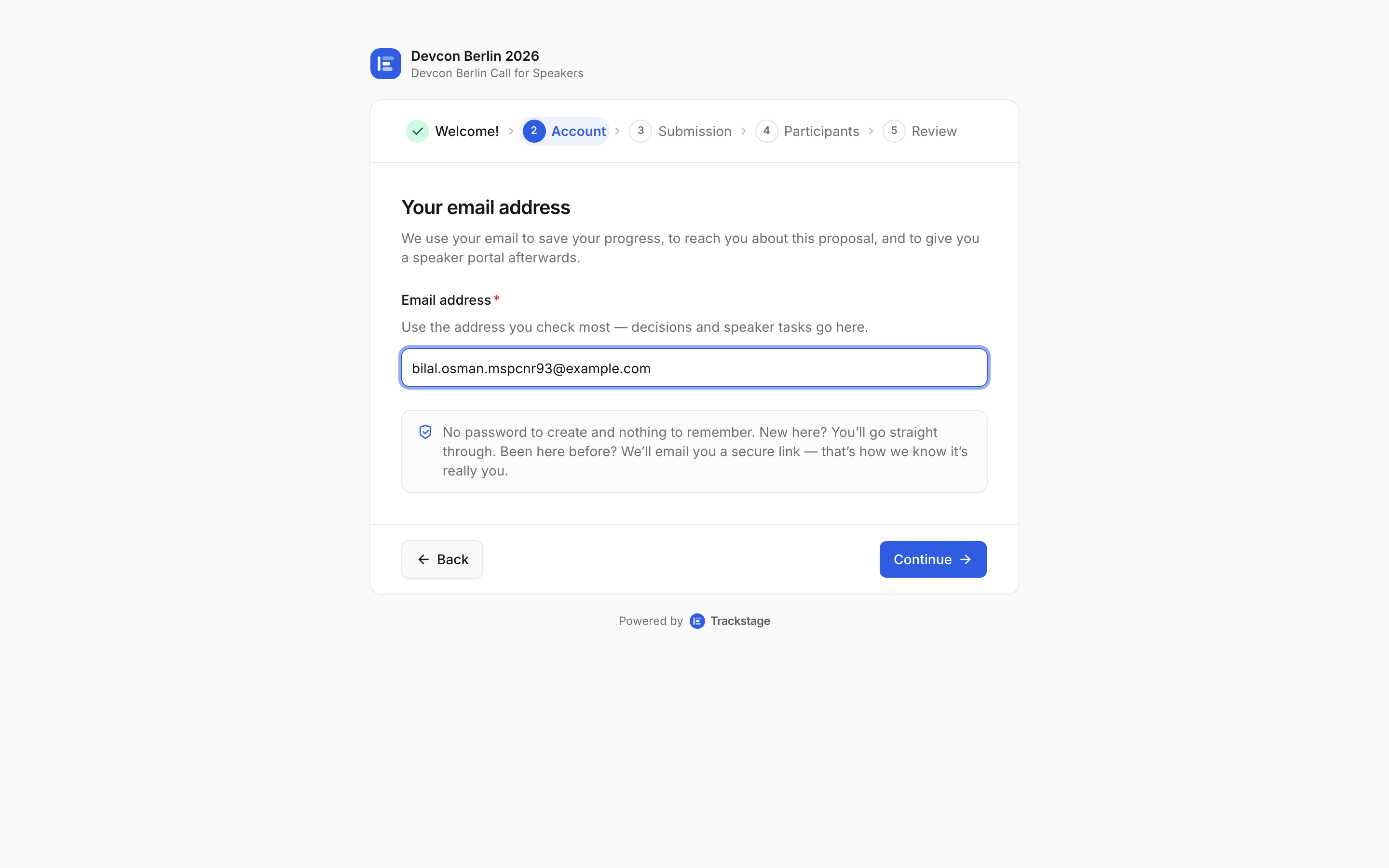 The account step of the public form asking only for an email address