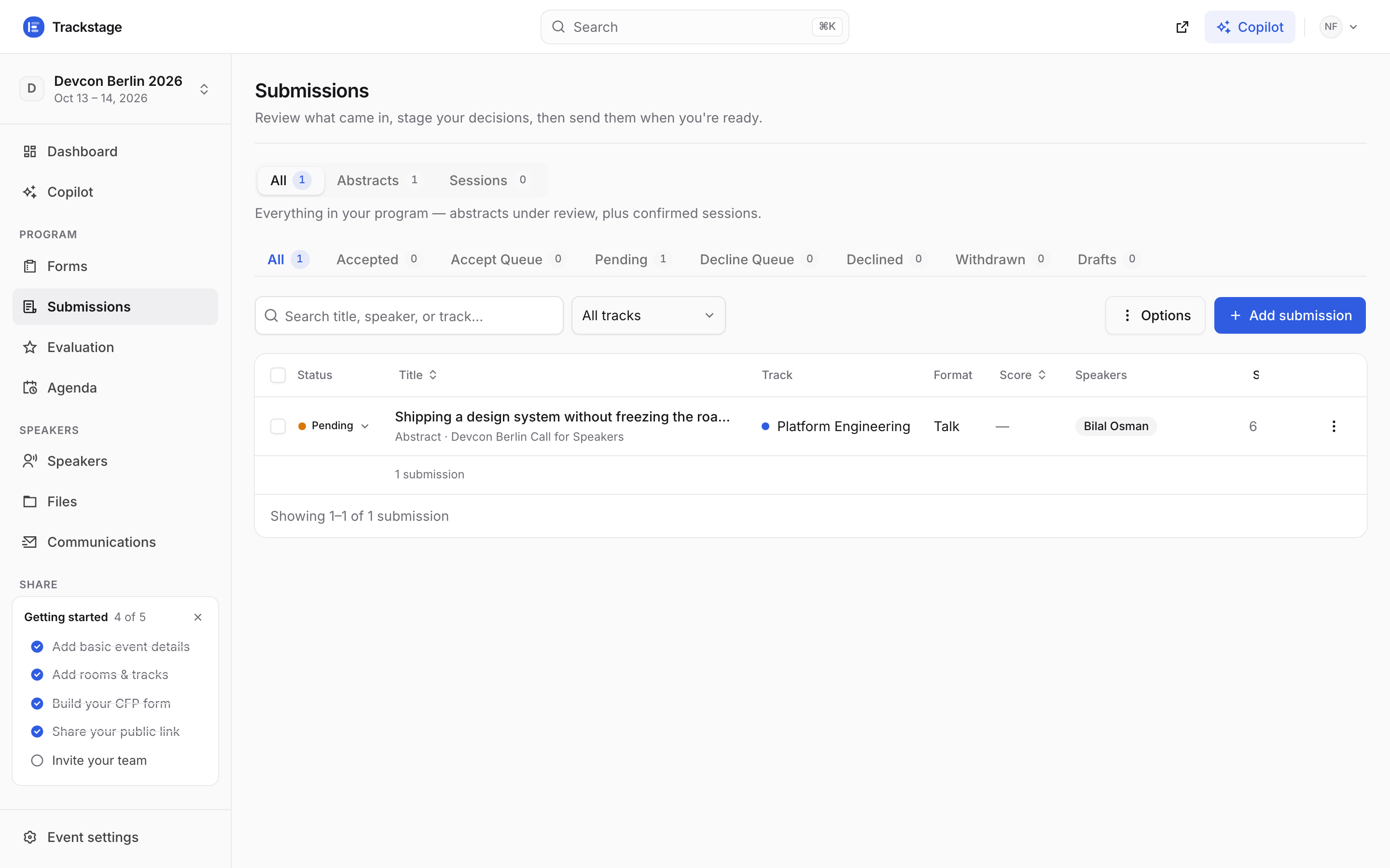 The Devcon Berlin submissions inbox with kind tabs, status tabs and one pending proposal