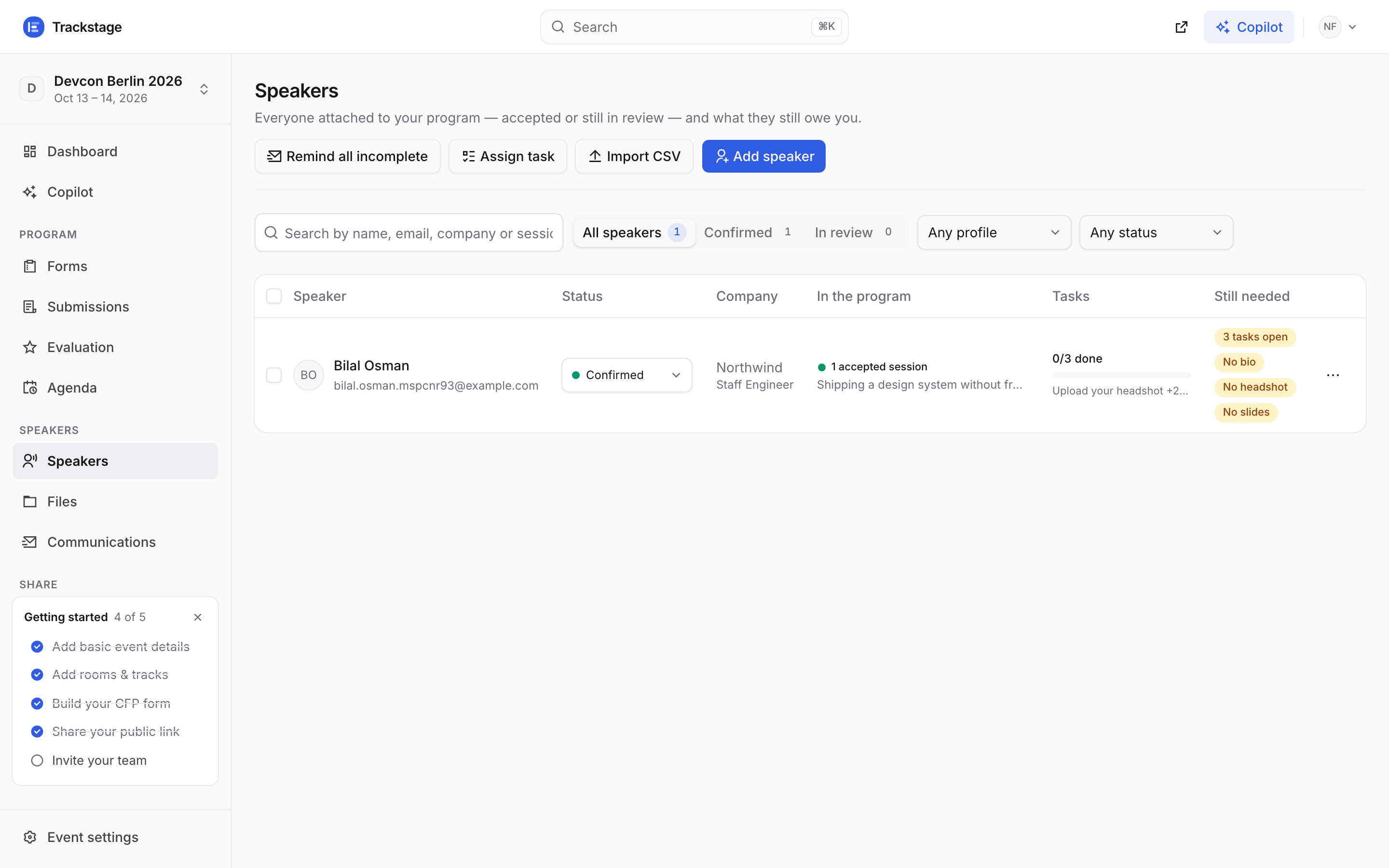 The Devcon Berlin speakers page with the newly accepted speaker, their task progress and what is still needed