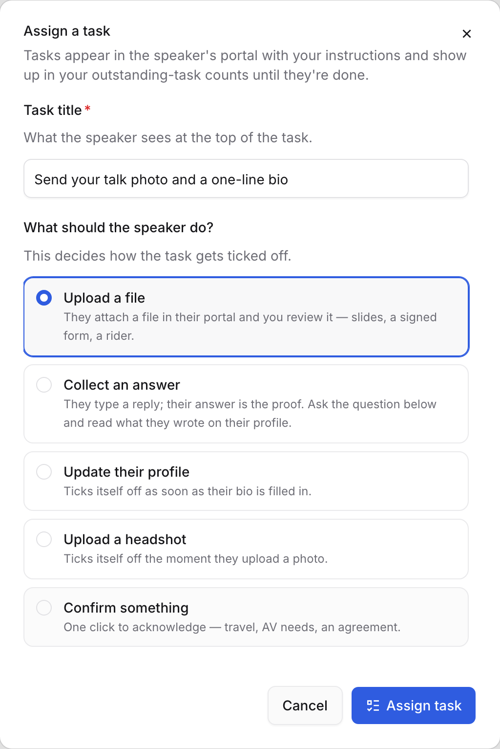 The Assign a task dialog: a task title and the five kinds of task a speaker can be given