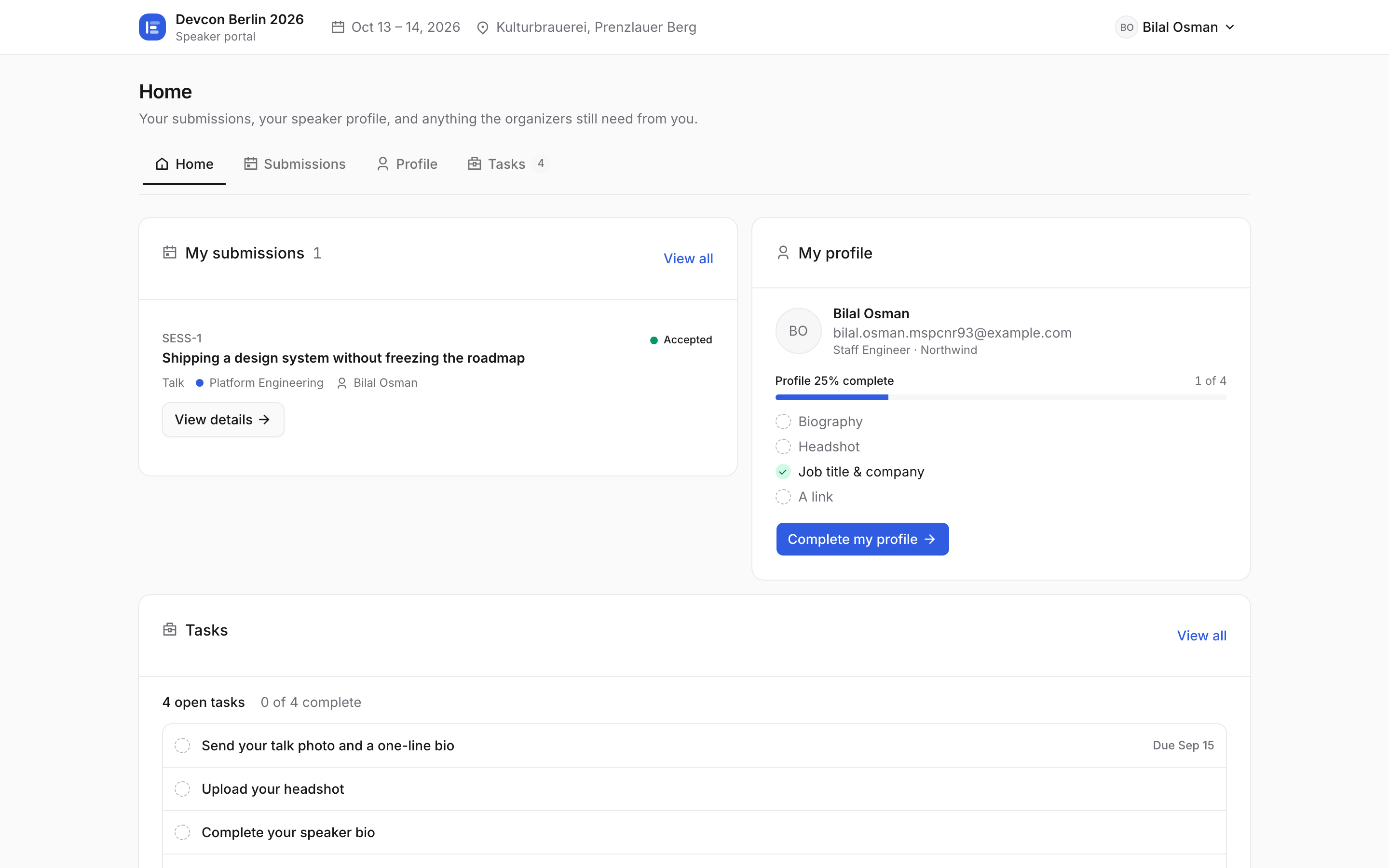 The speaker portal home for the accepted Devcon Berlin speaker: their submission, profile completeness and open tasks