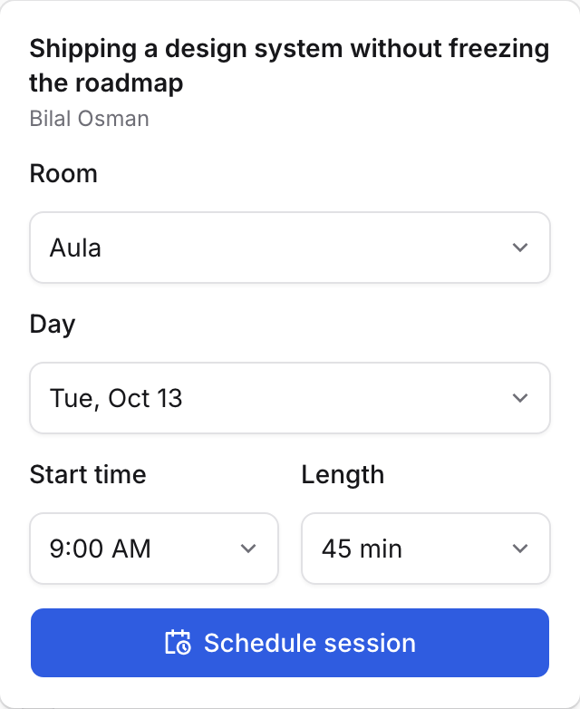 The schedule panel for the talk, with room, day, start-time and length pickers and a Schedule session button