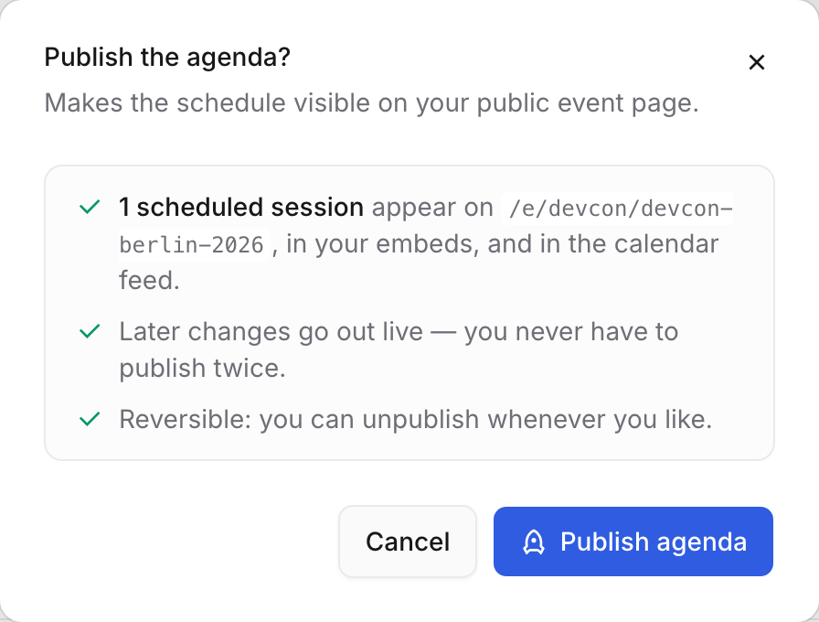 The Publish the agenda dialog naming the public address and the session count