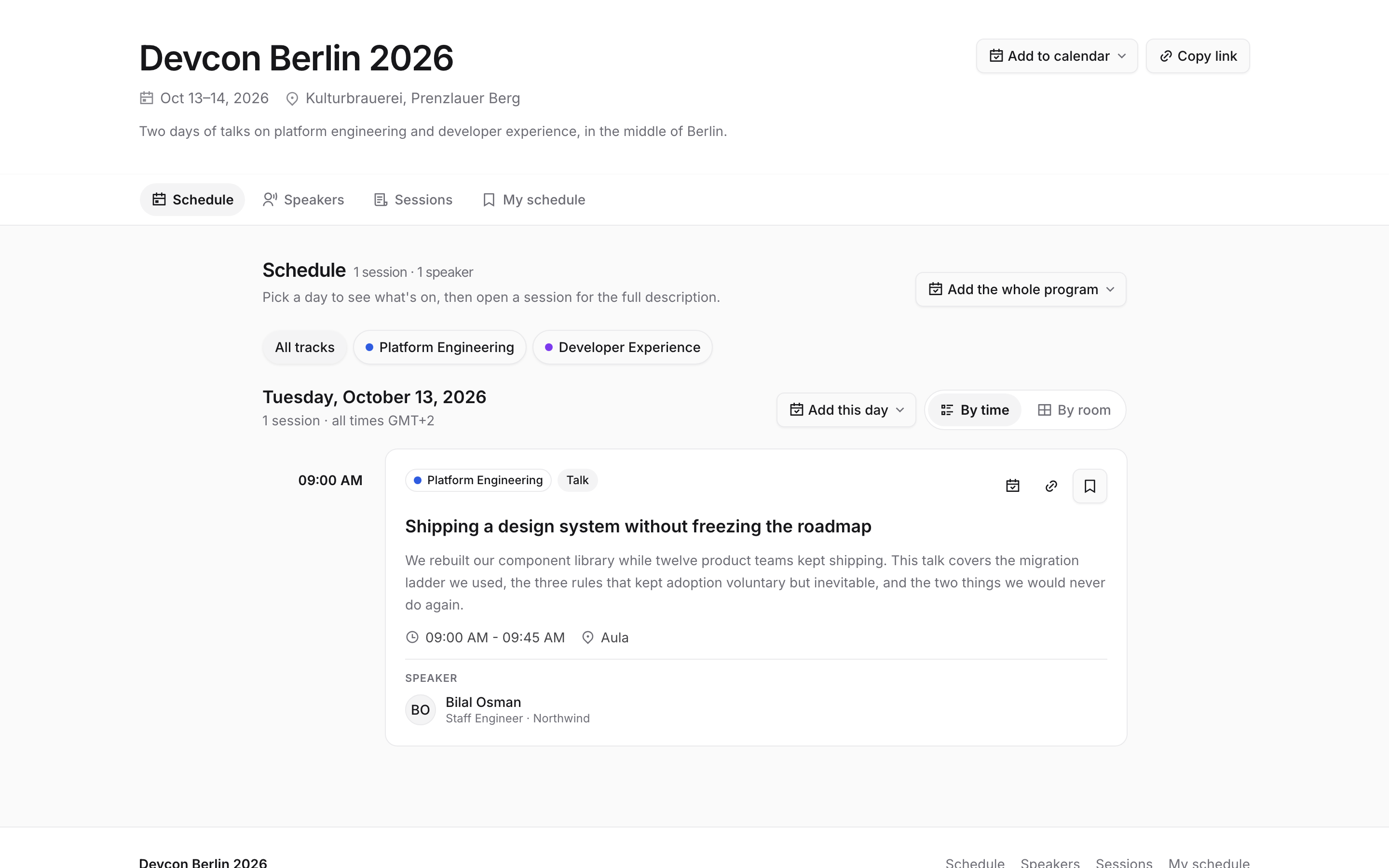 The live public page for Devcon Berlin 2026 showing the published schedule, track filters and add-to-calendar buttons