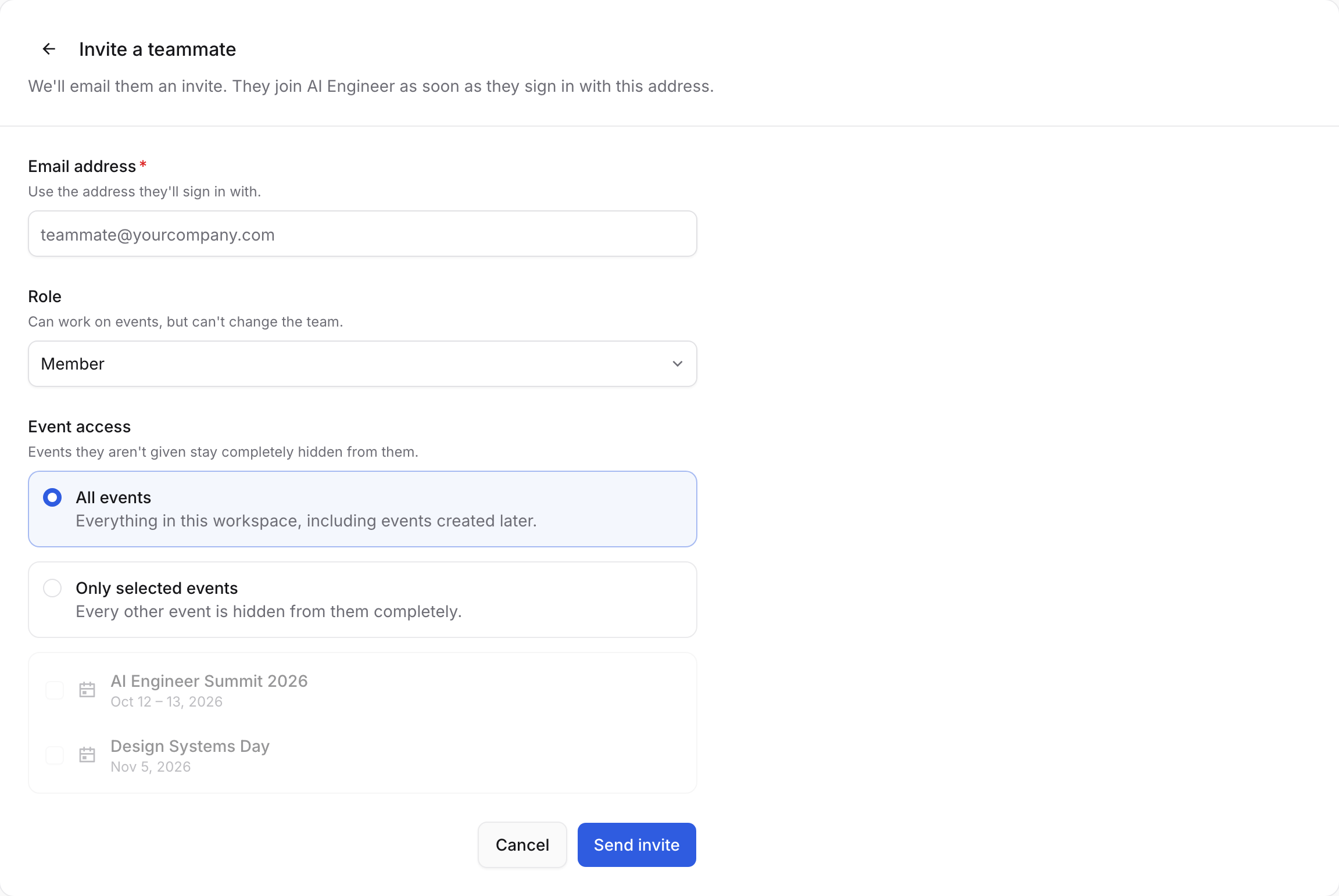 The Invite a teammate panel with an email field, a role select, and an Event access choice of all events or only selected ones