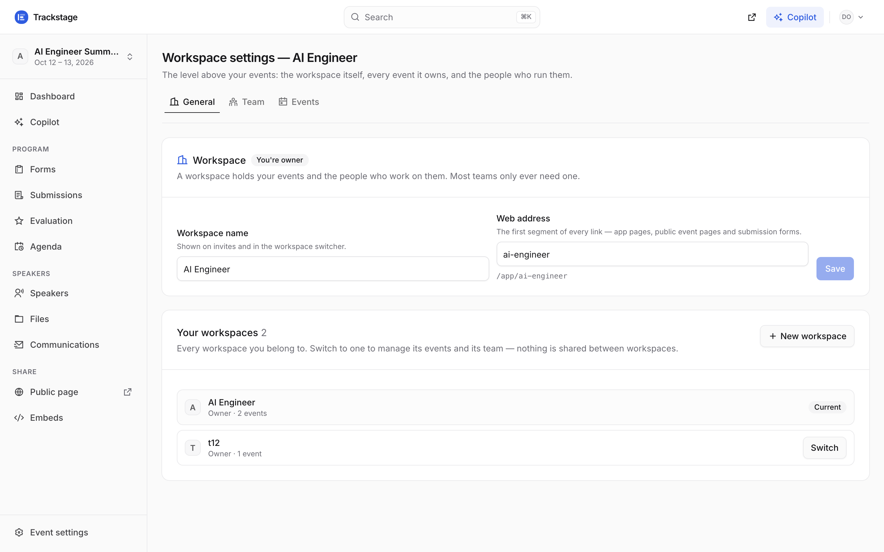 The Workspace settings page, General tab: your workspaces with a Switch button, and the workspace name and web address