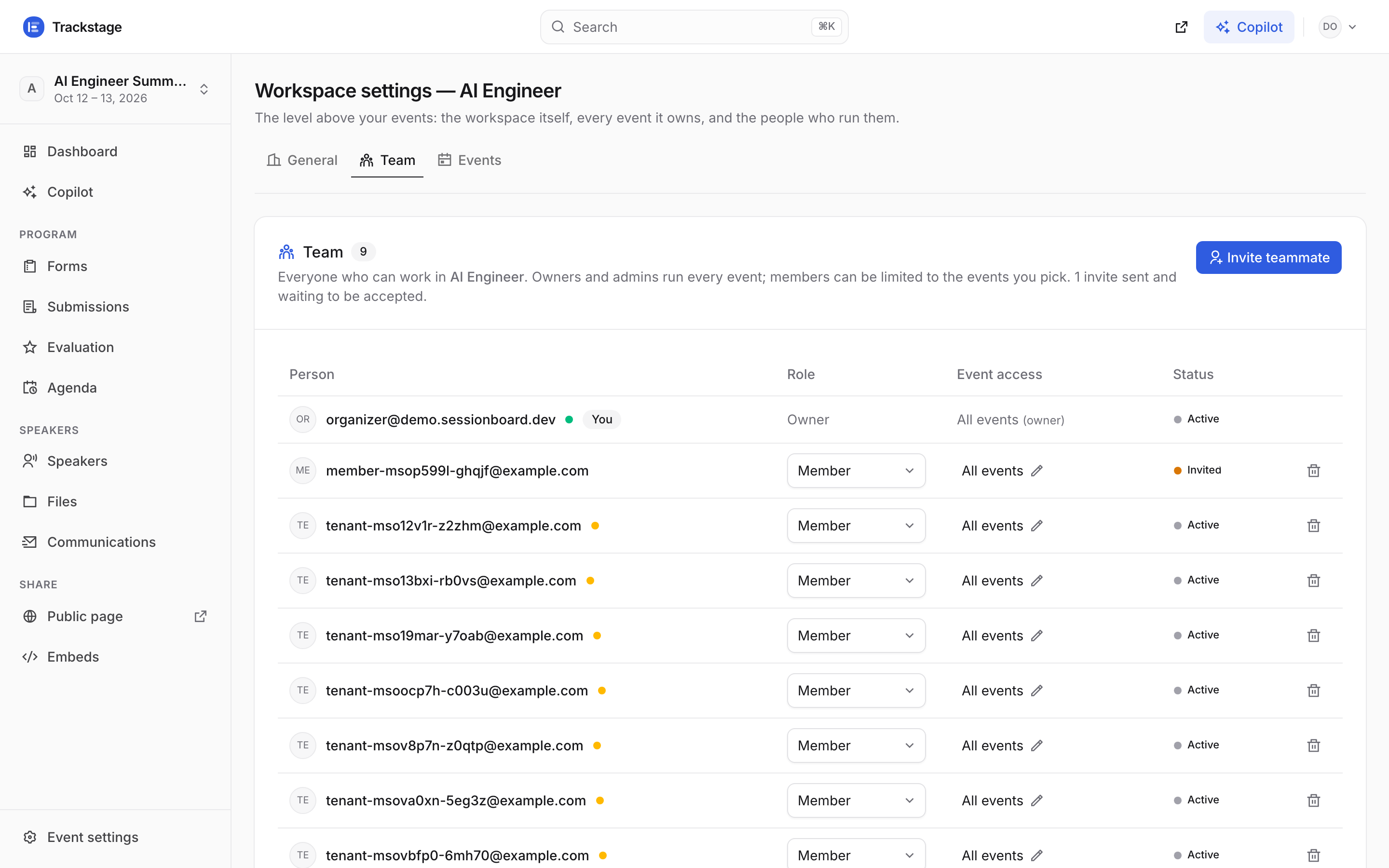 The Team tab of workspace settings: a member table with person, role and event access columns, and an Invite teammate button