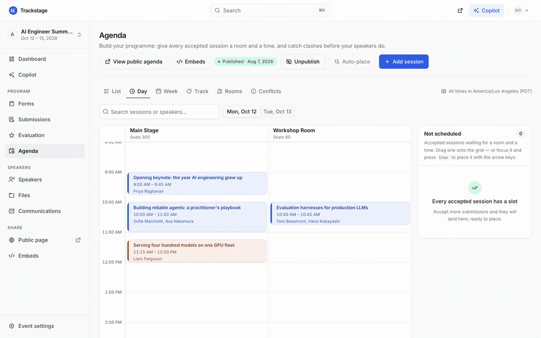 A recording of the agenda: a session is picked up from the day grid, dragged down the Main Stage column and dropped into a new time slot.