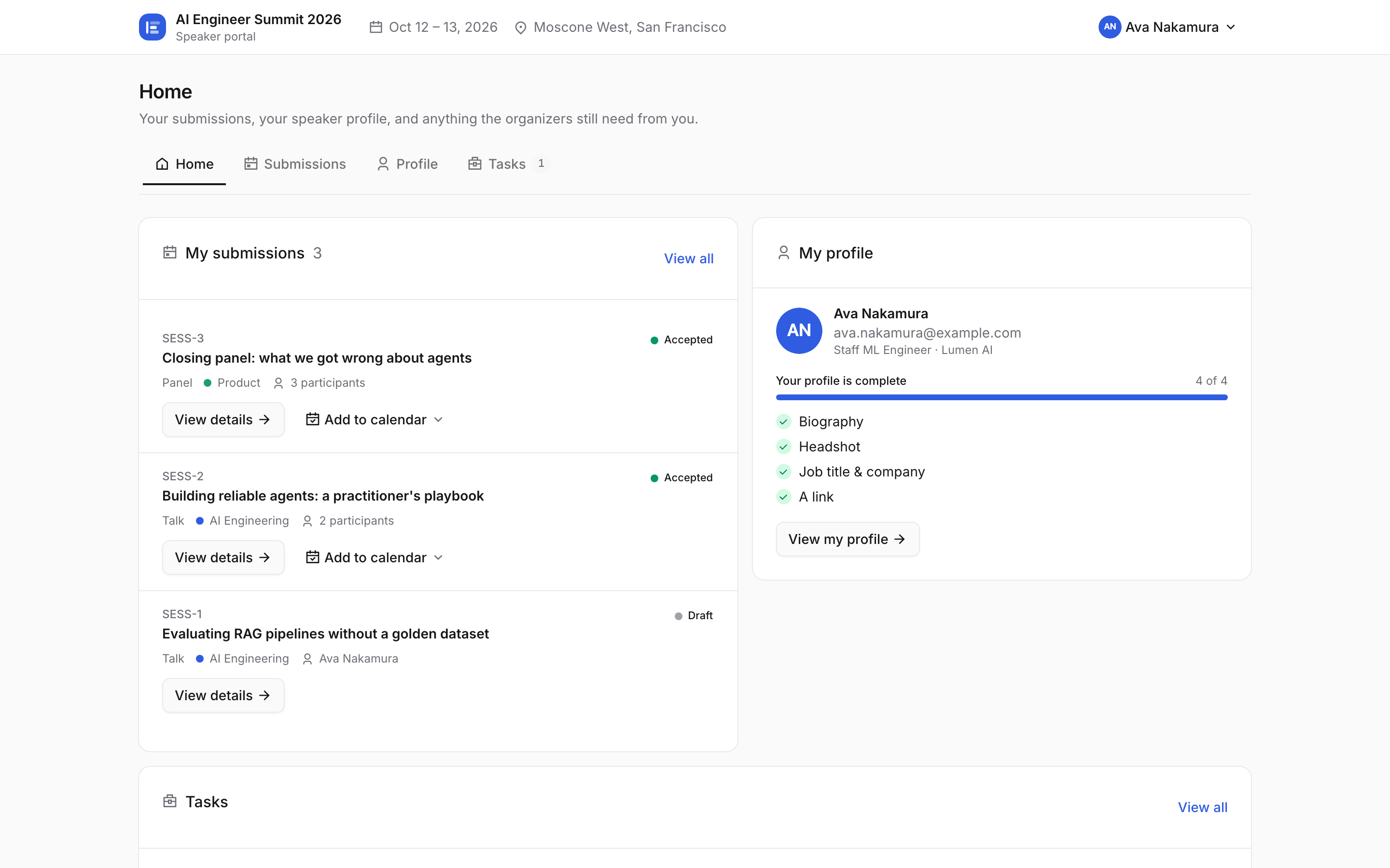 The speaker portal: a speaker's own submissions with their statuses, a profile-completeness checklist, and the tasks they still owe the organizers.