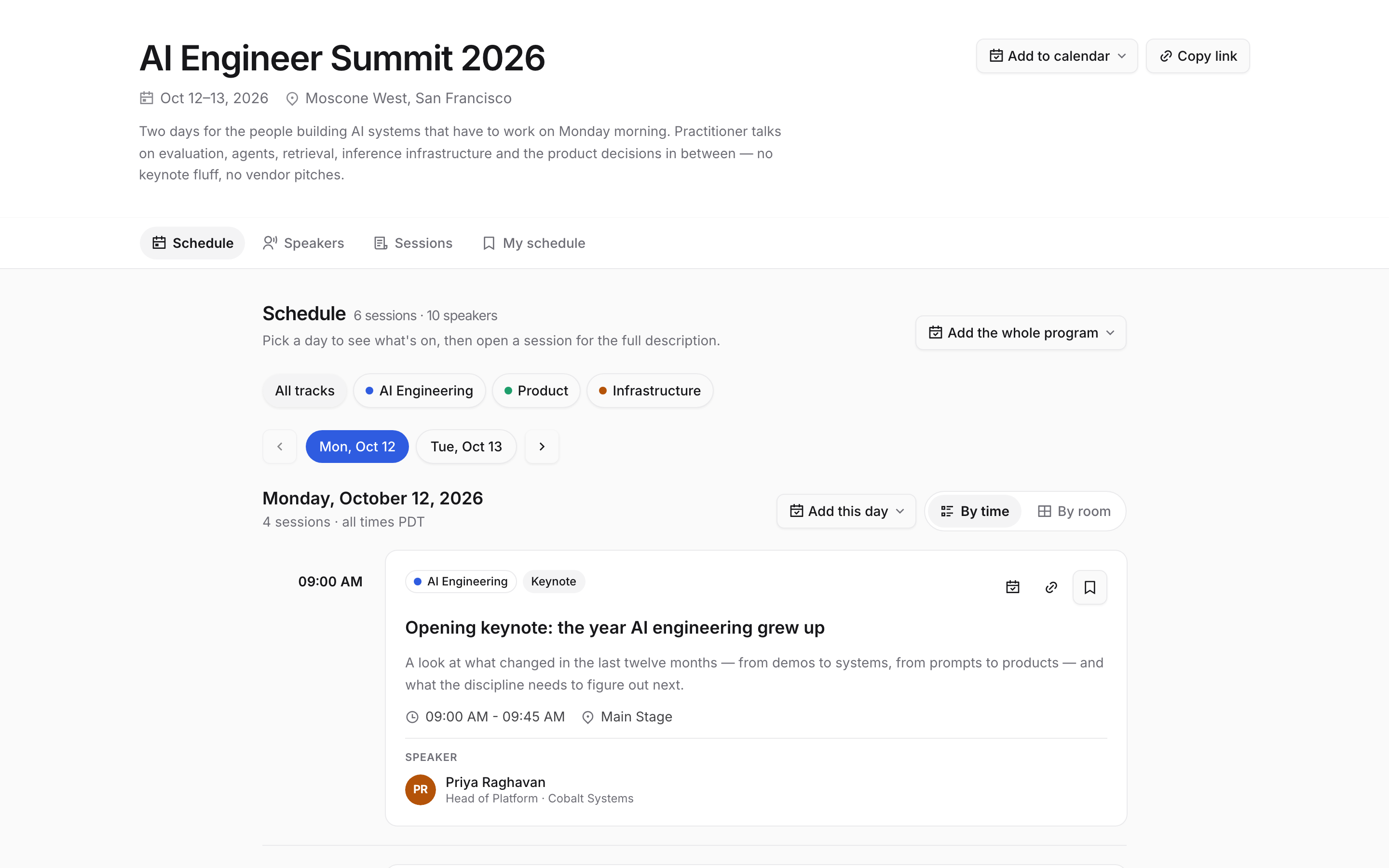 The published public schedule: day tabs, sessions with track and format tags, times, rooms and speakers, and an add-to-calendar action.